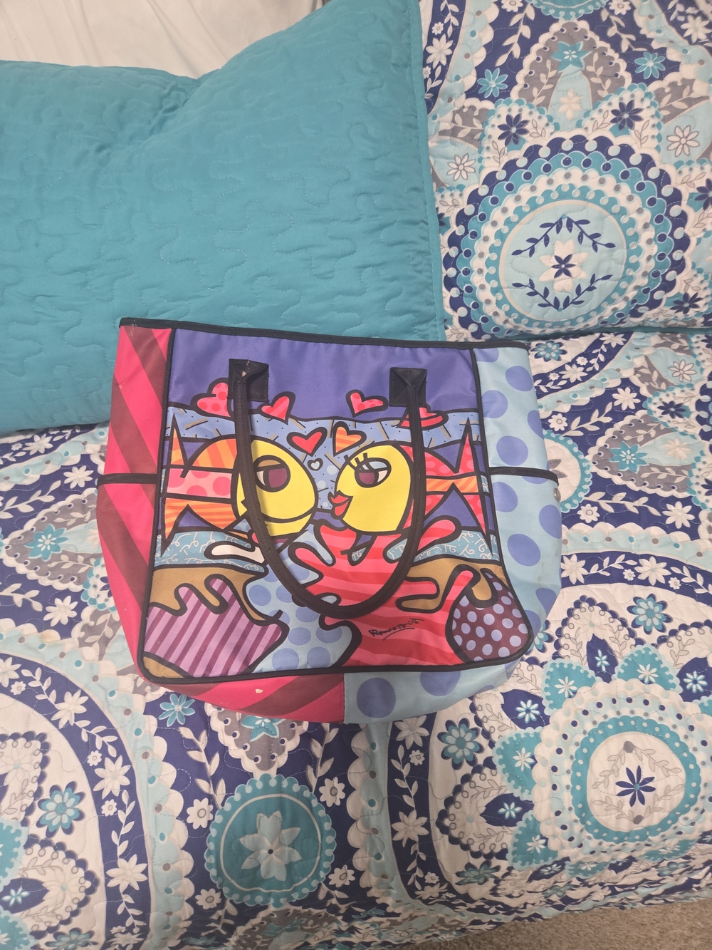 Playful Britto Multicolor Cartoon Heart Tote Bag